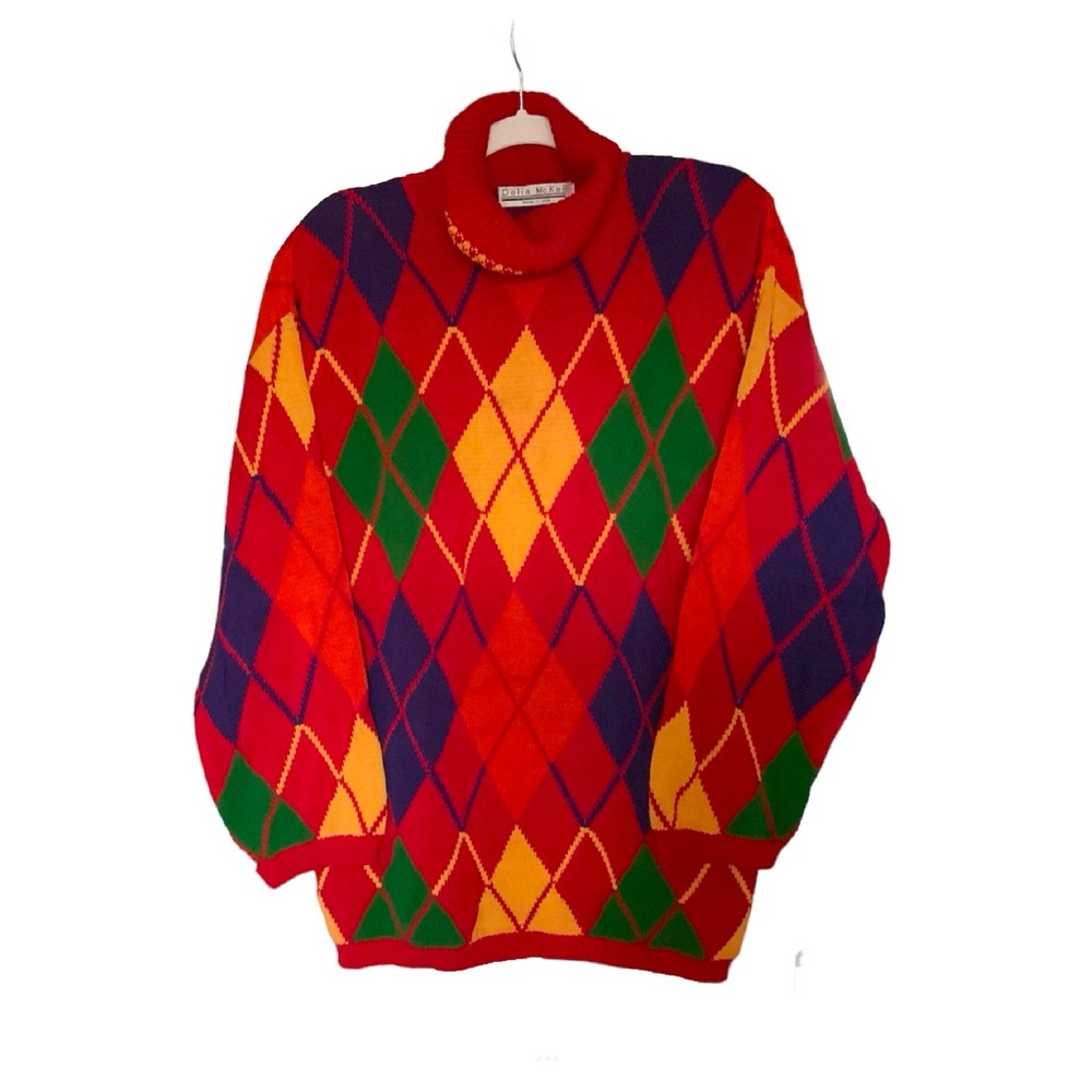 Delia McKain Vintage Argyle Sweater Red Yellow Green